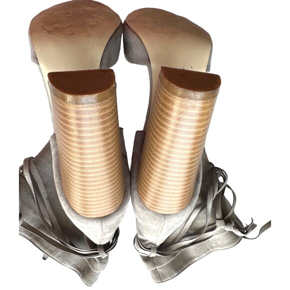 Leila Stone Gray Ankle Boots Chelsy Sandals Ankle Wrap Ties Stacked Heel 9.5 - Picture 7 of 10